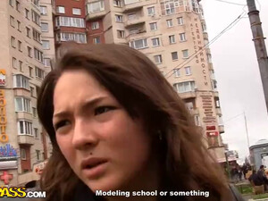 Young and cute russian brunette is giving blowjob to her bf